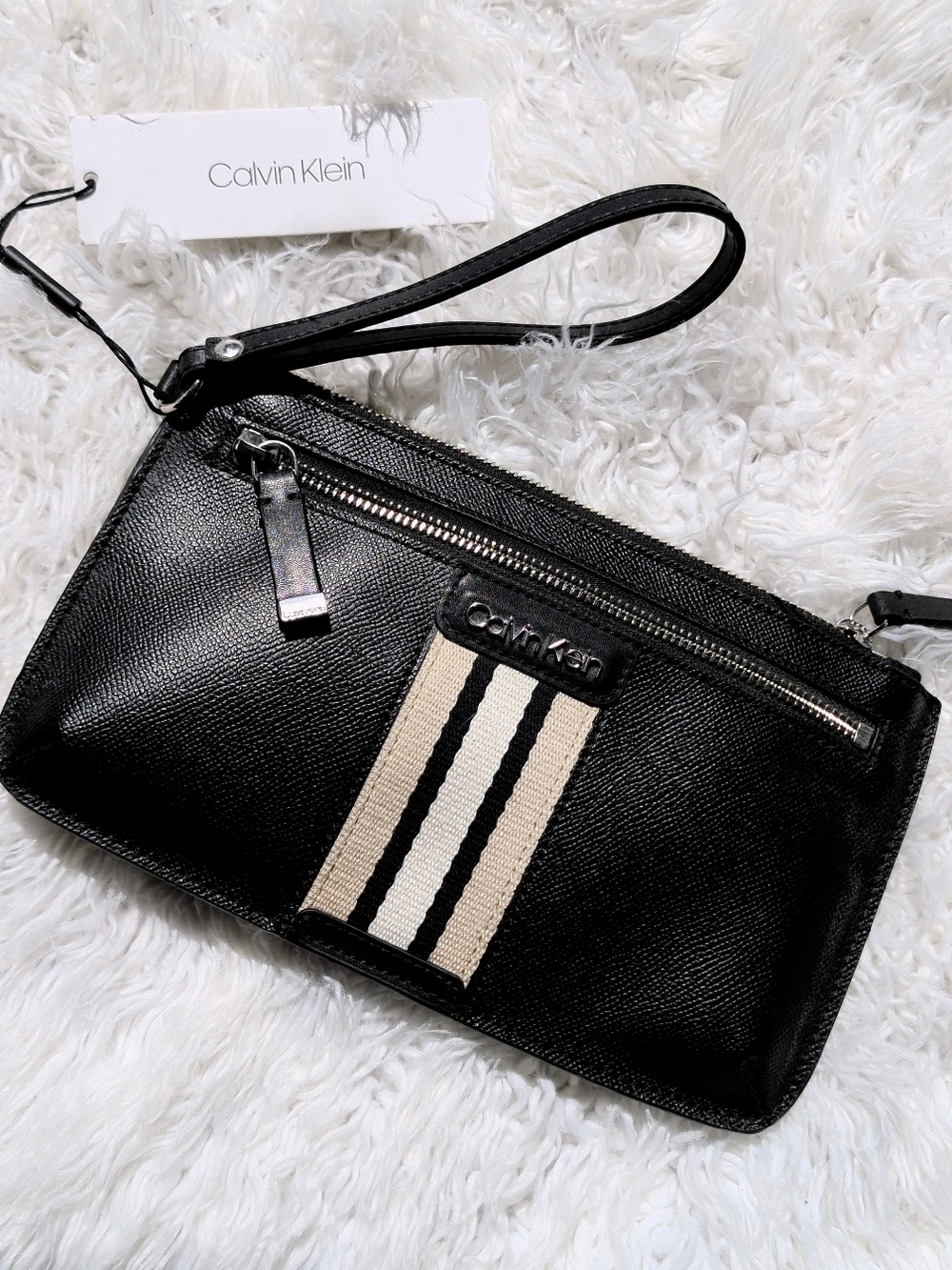 Calvin Klein Black Wristlet with Cream and Black Stripe